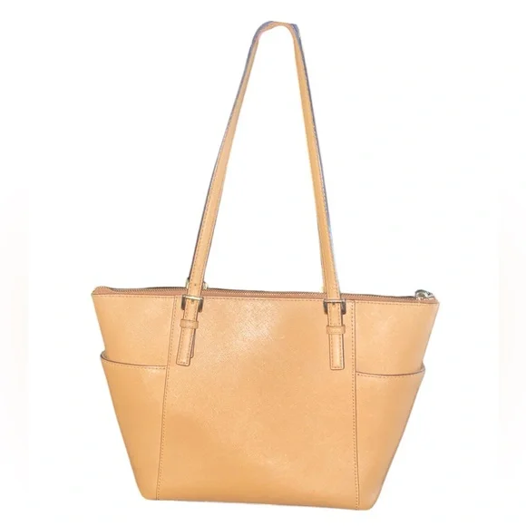 Michael Kors Charlotte Tan/Brown Jet Set Saffiano Leather Top Zip Tote Handbag - Picture 3 of 10